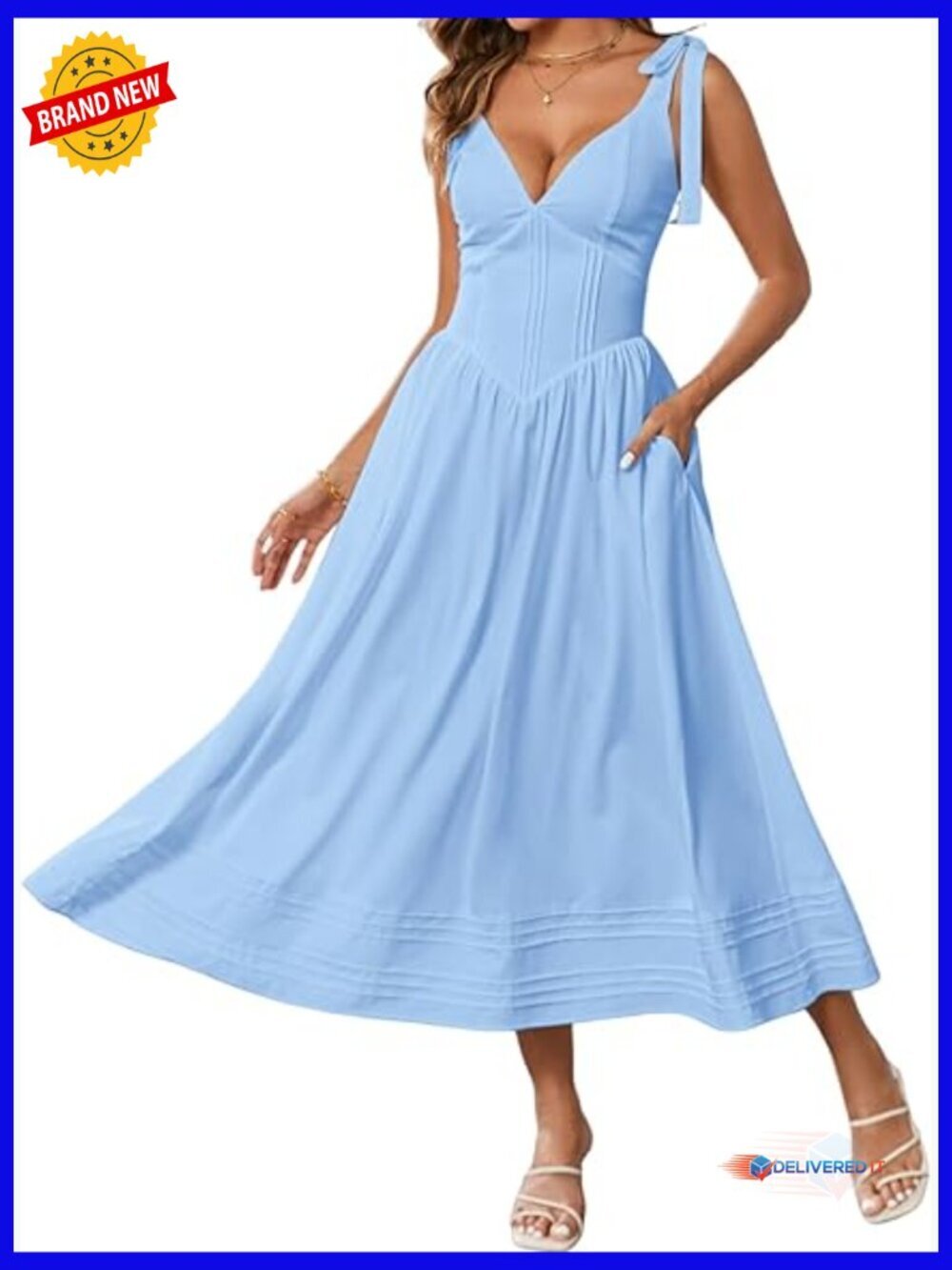 V-Neck Backless Midi Dress with Pockets, Summer Wedding Guest Dress